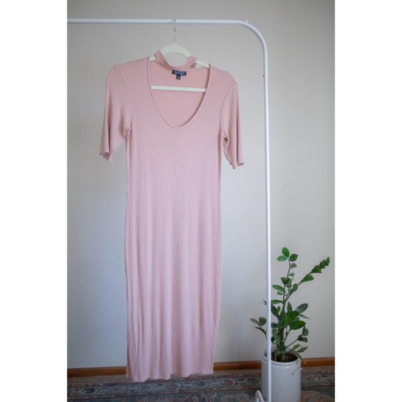 TOPSHOP Pink Ribbed Choker Scoop Neck Midi Dress Side Slits SZ 6 - Picture 1 of 7